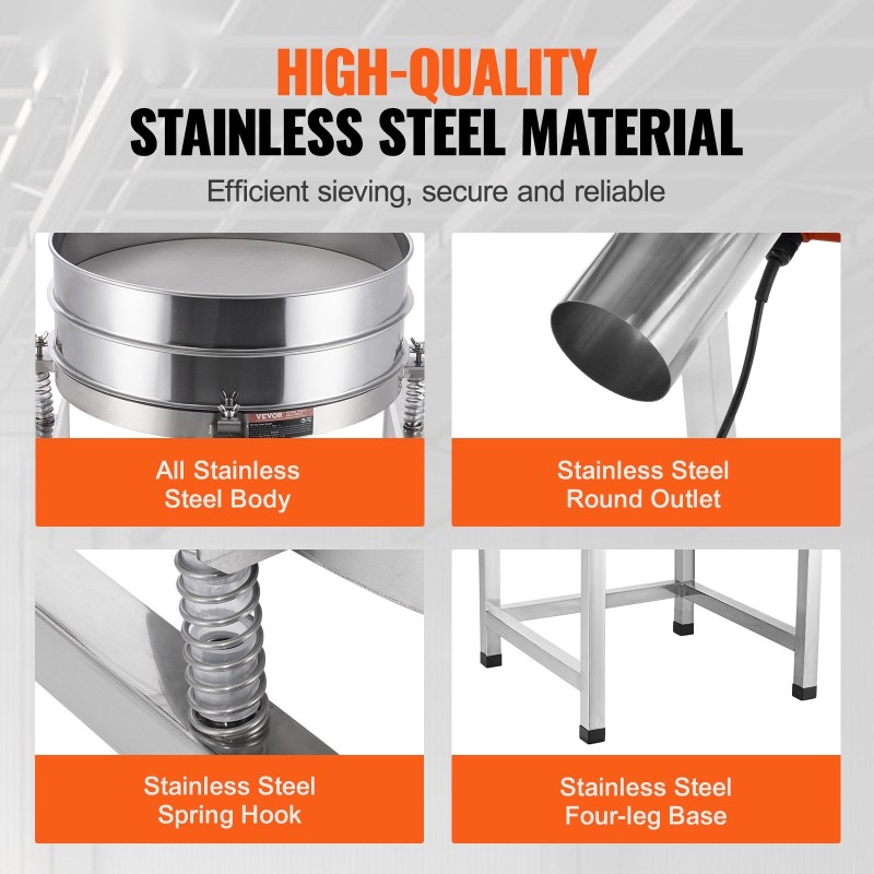 Väriseula ruostumattomasta teräksestä 40- ja 100-verkoilla 25 W jalustolla pyörillä