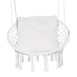 Riippuva makramee keinutuoli puuvillaköysi teräsrunko sataviisikymmentä kilogrammaa kantava istuintyyny ripustustarvikkeet