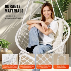 Riippuva makramee keinutuoli puuvillaköysi teräsrunko sataviisikymmentä kilogrammaa kantava istuintyyny ripustustarvikkeet