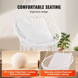 Riippuva makramee keinutuoli puuvillaköysi teräsrunko sataviisikymmentä kilogrammaa kantava istuintyyny ripustustarvikkeet