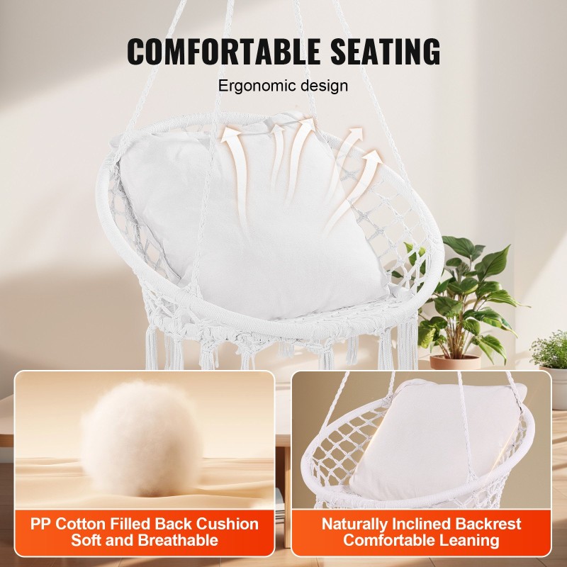 Riippuva makramee keinutuoli puuvillaköysi teräsrunko sataviisikymmentä kilogrammaa kantava istuintyyny ripustustarvikkeet