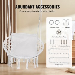 Riippuva makramee keinutuoli puuvillaköysi teräsrunko sataviisikymmentä kilogrammaa kantava istuintyyny ripustustarvikkeet