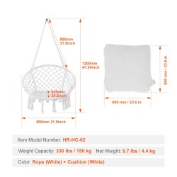 Riippuva makramee keinutuoli puuvillaköysi teräsrunko sataviisikymmentä kilogrammaa kantava istuintyyny ripustustarvikkeet