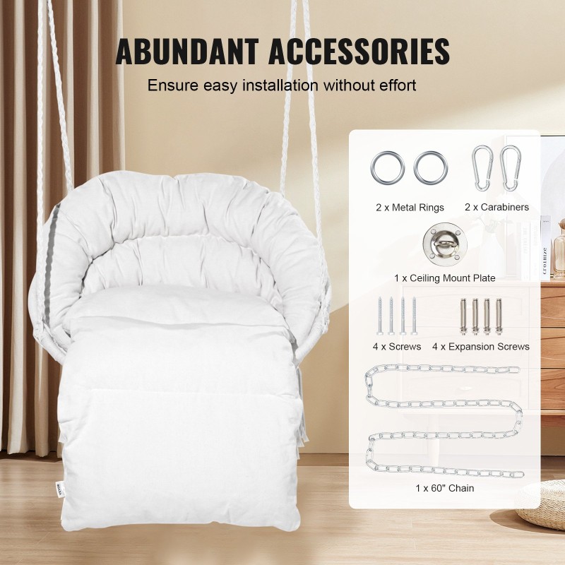 Riipputuoli makramee puuvillaköydellä teräsputkirungolla pehmustettu istuintyyny 150 kg kantavuus