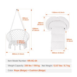 Riipputuoli makramee puuvillaköydellä teräsputkirungolla pehmustettu istuintyyny 150 kg kantavuus