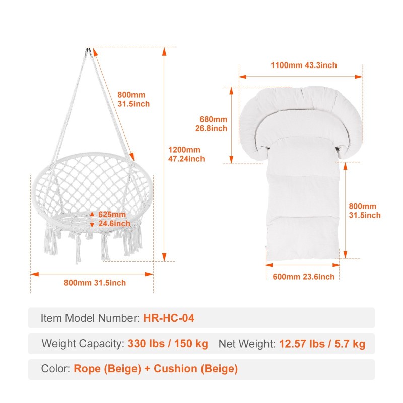 Riipputuoli makramee puuvillaköydellä teräsputkirungolla pehmustettu istuintyyny 150 kg kantavuus