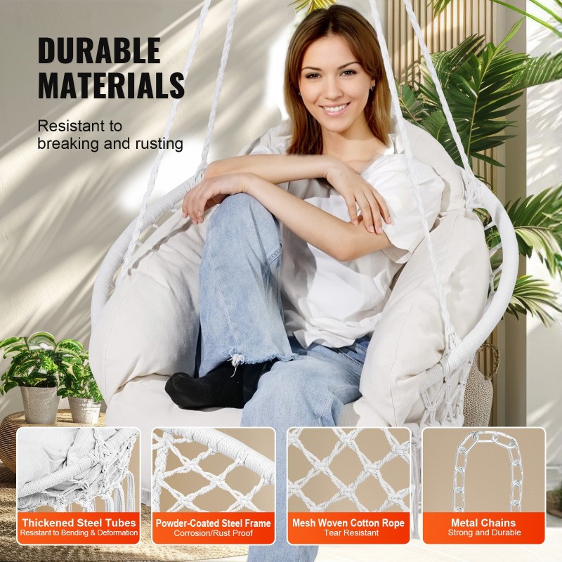 Riippuva makuuskeinutuoli puuvillaköysi teräsrunkoinen kantavuus 120 kilogrammaa tyyny ja kiinnitystarvikkeet valkoinen
