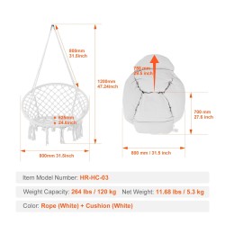 Riippuva makuuskeinutuoli puuvillaköysi teräsrunkoinen kantavuus 120 kilogrammaa tyyny ja kiinnitystarvikkeet valkoinen