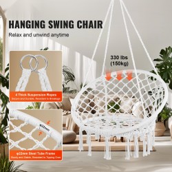 Riippukeinu makramee puuvillaköysi teräsrunko 150 kg kantavuus valkoinen sisä ja ulkokäyttö