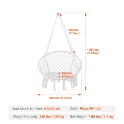 Riippukeinu makramee puuvillaköysi teräsrunko 150 kg kantavuus valkoinen sisä ja ulkokäyttö