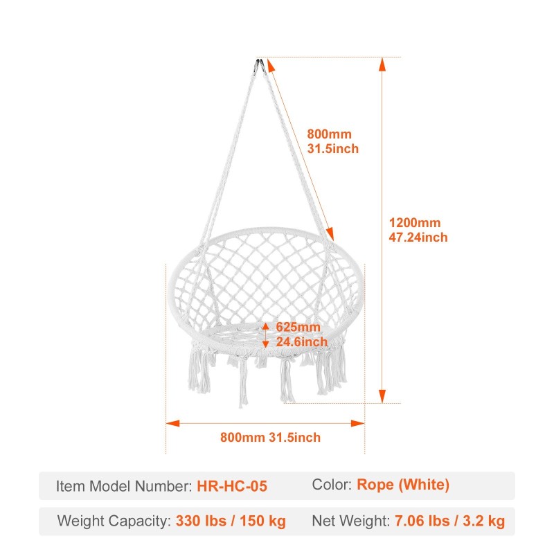 Riippukeinu makramee puuvillaköysi teräsrunko 150 kg kantavuus valkoinen sisä ja ulkokäyttö