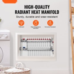 Lattialämmityksen 12-haarainen jakotukki ruostumatonta terästä 1/2-tuuman PEX-putkille