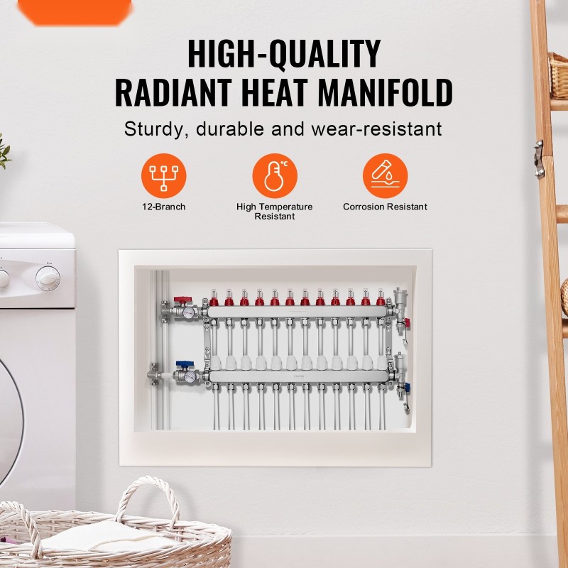 Lattialämmityksen 12-haarainen jakotukki ruostumatonta terästä 1/2-tuuman PEX-putkille