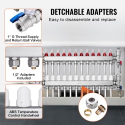 Lattialämmityksen 12-haarainen jakotukki ruostumatonta terästä 1/2-tuuman PEX-putkille