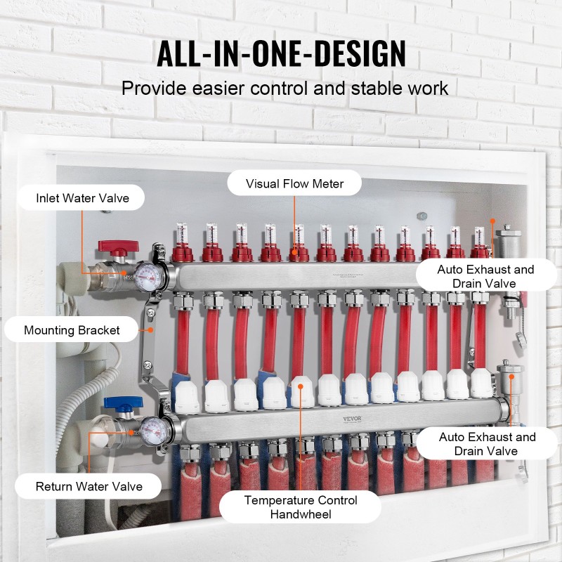 Lattialämmityksen 12-haarainen jakotukki ruostumatonta terästä 1/2-tuuman PEX-putkille