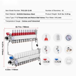 Lattialämmityksen 12-haarainen jakotukki ruostumatonta terästä 1/2-tuuman PEX-putkille