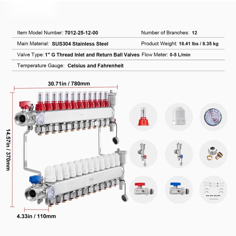 Lattialämmityksen 12-haarainen jakotukki ruostumatonta terästä 1/2-tuuman PEX-putkille