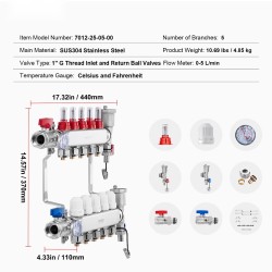 5-haarainen PEX-jakotukki puolen tuuman PEX-putkille ruostumattomasta teräksestä hydroniseen lattialämmitykseen
