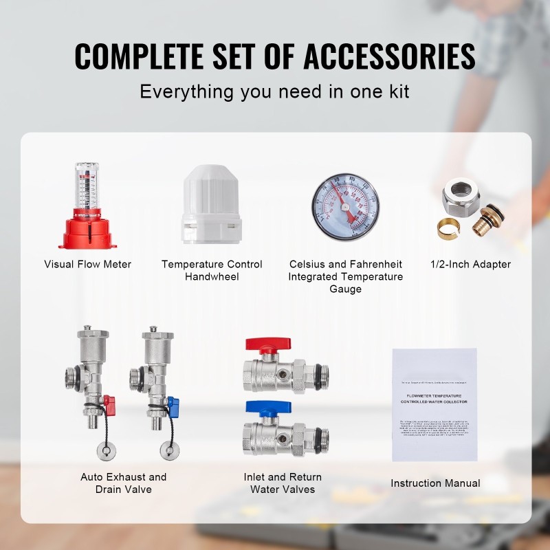 Lattialämmityksen jakotukki 8-haarainen puoli tuuman PEX-putkille ruostumatonta terästä virtausmittareilla