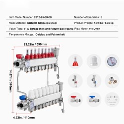 Lattialämmityksen jakotukki 8-haarainen puoli tuuman PEX-putkille ruostumatonta terästä virtausmittareilla