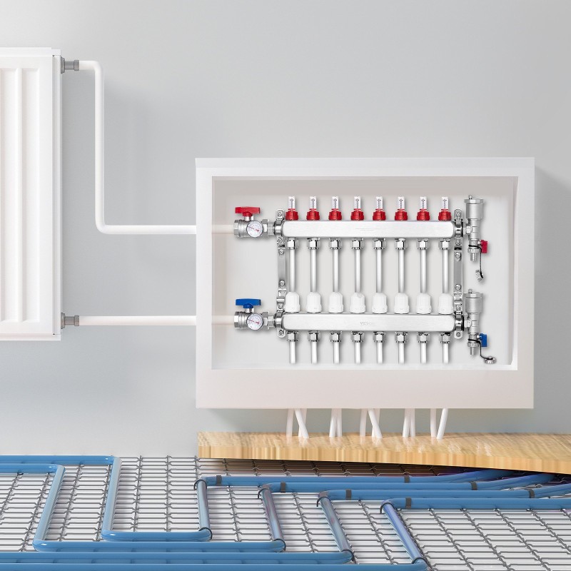 Lattialämmityksen jakotukki 8-haarainen puoli tuuman PEX-putkille ruostumatonta terästä virtausmittareilla