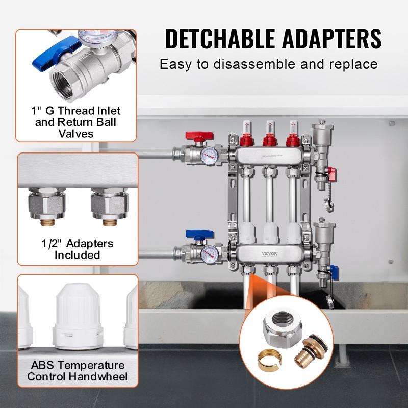 Jakotukki 3-haarainen SUS304-ruostumaton teräs 1/2 tuuman PEX-putkille ja sovittimet lattialämmitykseen