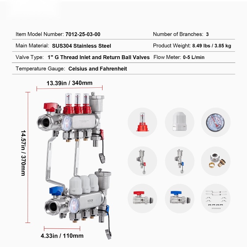 Jakotukki 3-haarainen SUS304-ruostumaton teräs 1/2 tuuman PEX-putkille ja sovittimet lattialämmitykseen