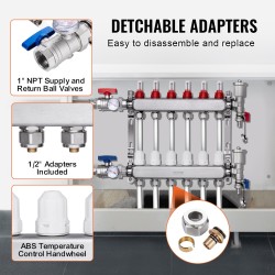 6-haarainen lattialämmityksen jakotukki ruostumaton teräs puolen tuuman PEX-putkille sisältää adapterit