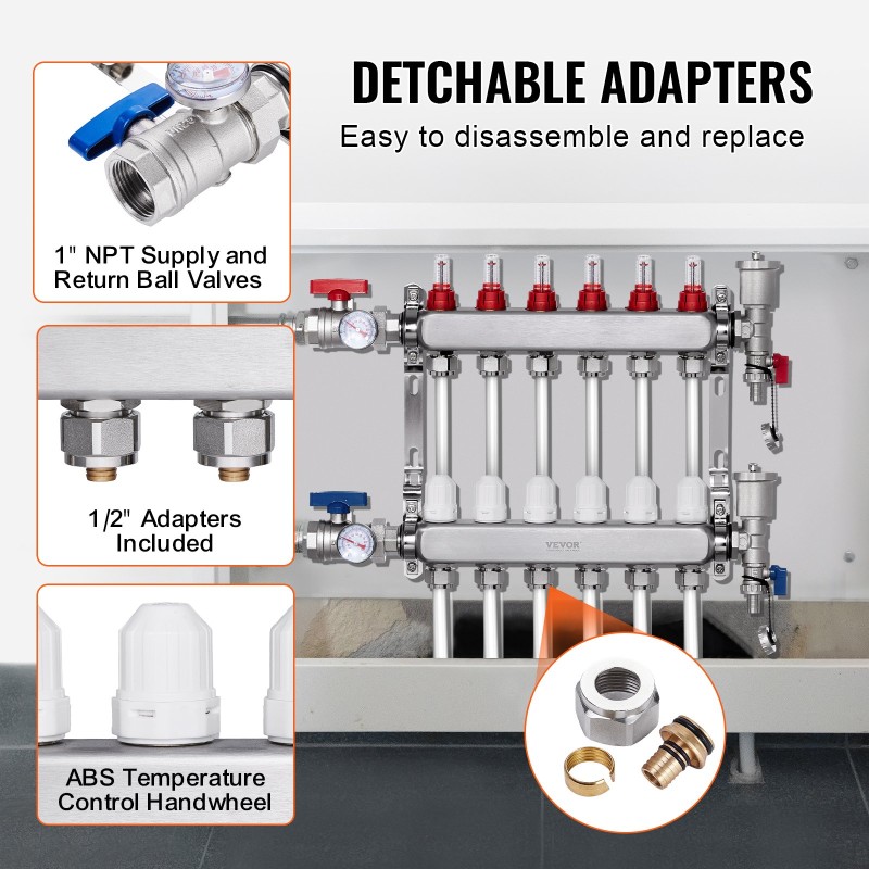 6-haarainen lattialämmityksen jakotukki ruostumaton teräs puolen tuuman PEX-putkille sisältää adapterit