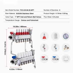 6-haarainen lattialämmityksen jakotukki ruostumaton teräs puolen tuuman PEX-putkille sisältää adapterit