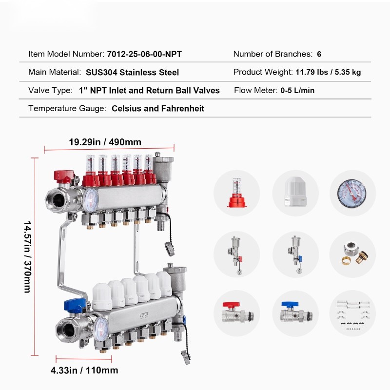 6-haarainen lattialämmityksen jakotukki ruostumaton teräs puolen tuuman PEX-putkille sisältää adapterit