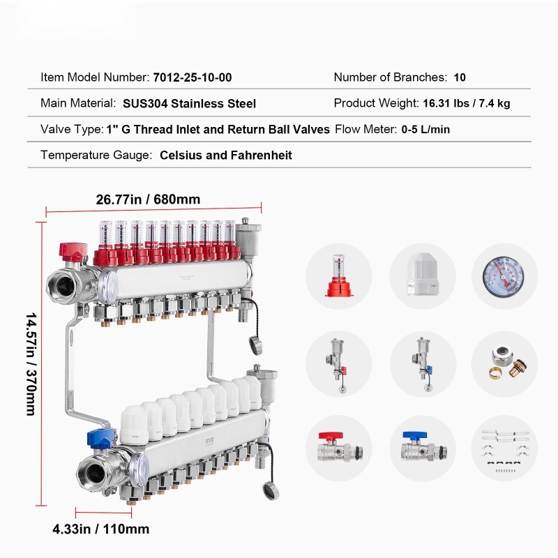10-haarainen lattialämmityksen jakotukki 1,27 cm PEX-putkille SUS304 ruostumaton teräs