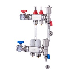 Lattialämmityksen 2 haarainen ruostumaton teräsjakotukki puolituuman PEX putkille liittimineen virtausmittareilla ja