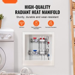 Lattialämmityksen 2-haarainen ruostumaton teräsjakotukki puolituuman PEX-putkille liittimineen virtausmittareilla ja