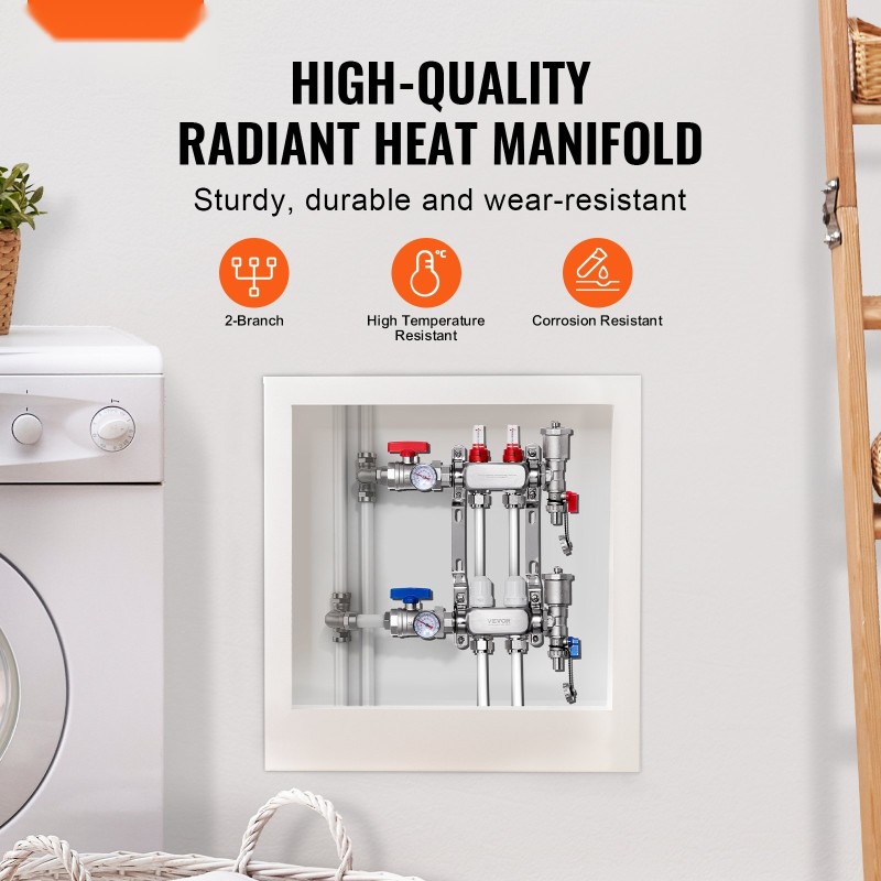 Lattialämmityksen 2-haarainen ruostumaton teräsjakotukki puolituuman PEX-putkille liittimineen virtausmittareilla ja