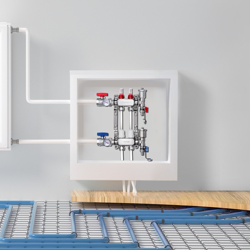 Lattialämmityksen 2-haarainen ruostumaton teräsjakotukki puolituuman PEX-putkille liittimineen virtausmittareilla ja