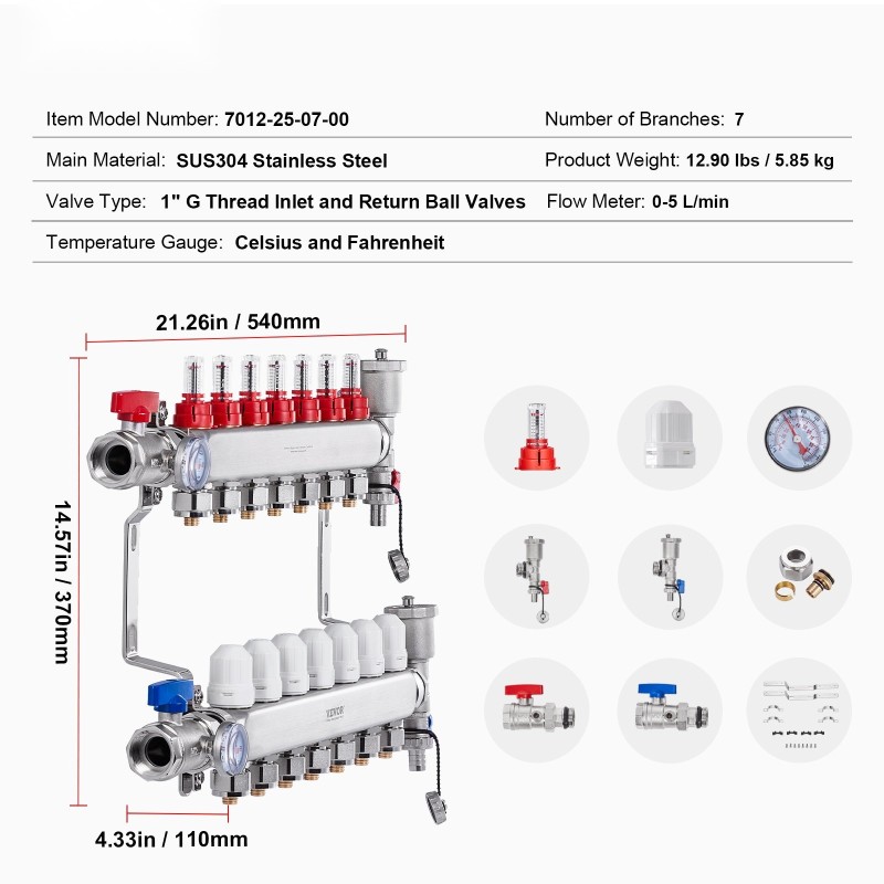 Lattialämmityksen jakosarja 7-haarainen SUS304-ruostumaton teräs 1,27 cm PEX-putkille
