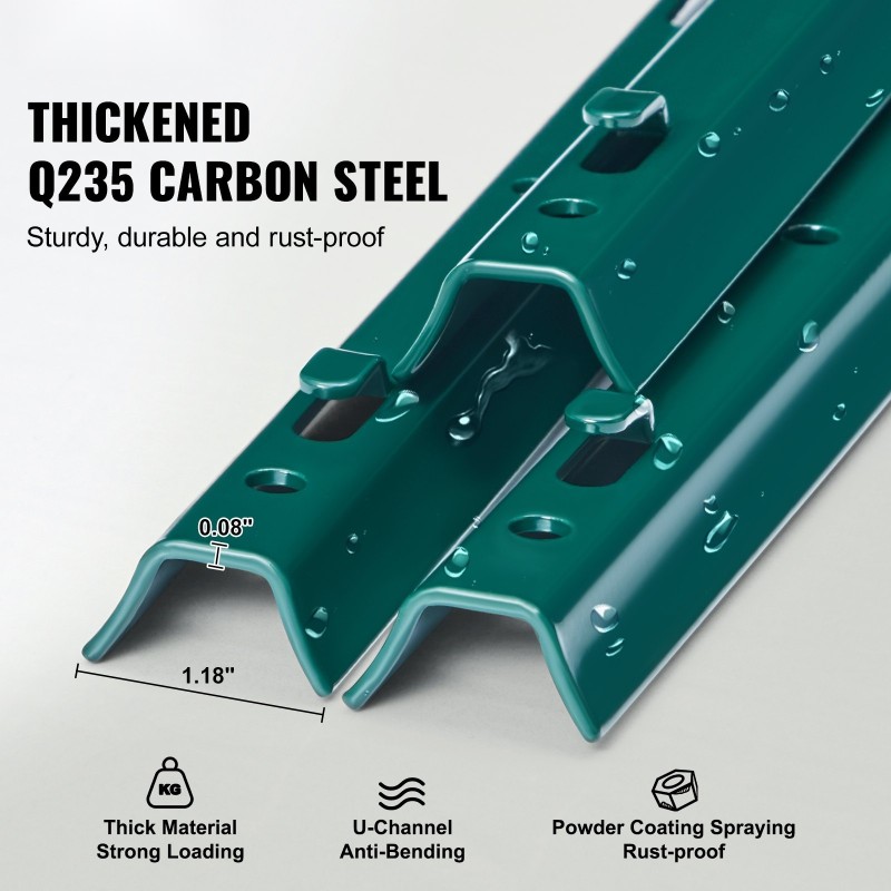 Metalliset aitatolpat Q235-hiiliterästä 2 mm 182,9 cm 10 kpl vihreä