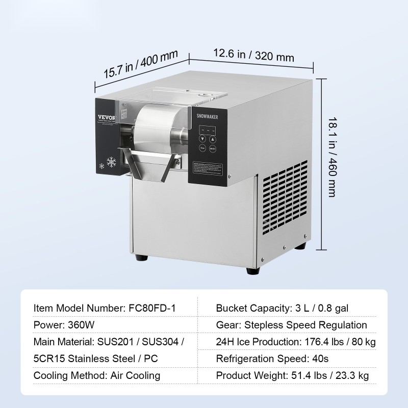 Lumihiutalejääkone ruostumatonta terästä 80 kilogrammaa vuorokaudessa ilmajäähdytys kahdella kolmen litran korilla