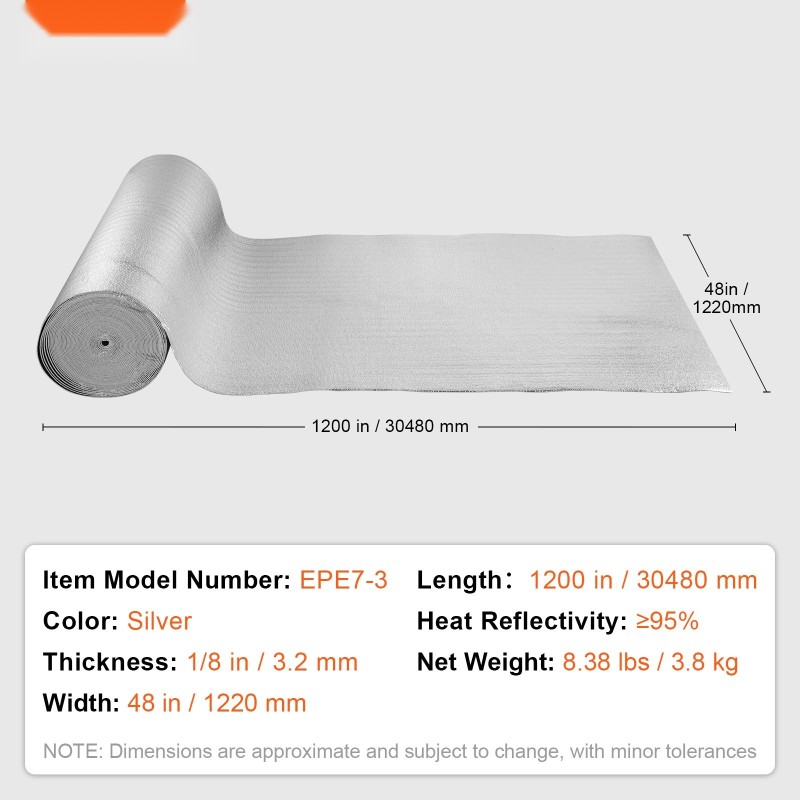 Heijastava lämpöeristerulla kaksipuolinen alumiinifolio EPE-vaahtosydän 3,2 mm 1220 mm x 30,48 m