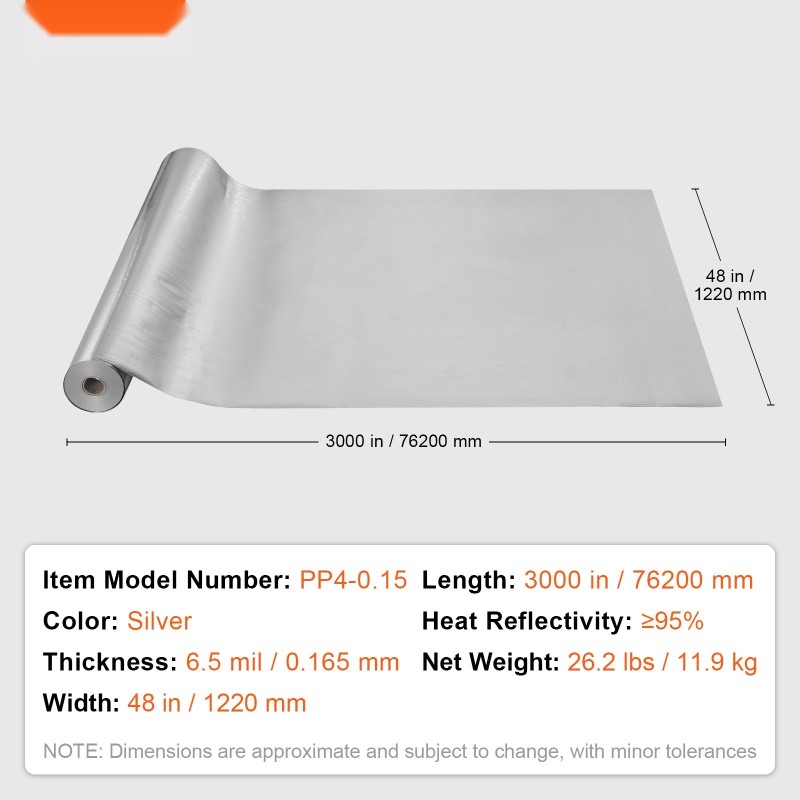 Heijastava eristerulla kaksipuolinen alumiinifolio ja PE-kudottu 6,5 mil 1220 mm 76,2 m