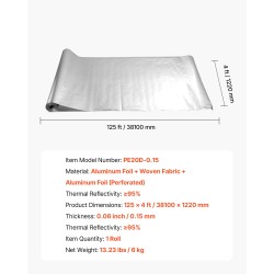 Eristerulla lämpöä heijastava kaksipuolinen alumiinifolio reiitetty leveys 1,22 metriä pituus 38,1 metriä