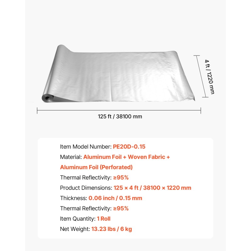 Eristerulla lämpöä heijastava kaksipuolinen alumiinifolio reiitetty leveys 1,22 metriä pituus 38,1 metriä