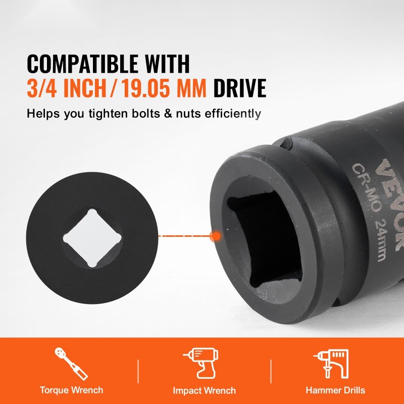 Isku- ja vääntöhylsysarja CR-MO-teräs 3/4 tuuman 8-osainen 24–38 mm säilytyslaatikolla