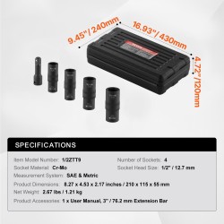Pyöränmutterihylsysarja 1/2-tuuman veto CR-MO-teräs 6-kulmainen 4 kokoa 3 tuuman jatkovarsi säilytyskotelolla