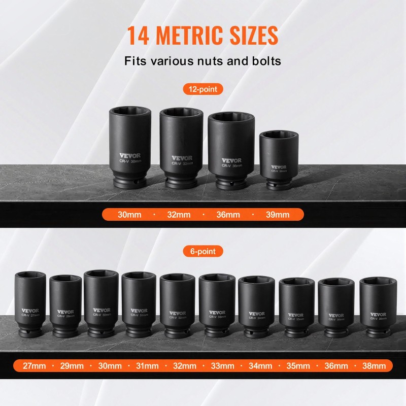 Syväiskuhylsysarja 12,7 mm kanta 14-osainen metrinen 6- ja 12-kulmainen CR-V-teräs säilytyslaukulla akselimuttereille
