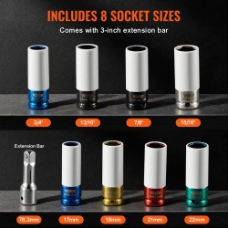 Mutteri-iskuhylsysarja 12,7 mm veto Cr-Mo-teräs 8-osainen 6-kulmainen syvät hylsyt säilytyskotelolla