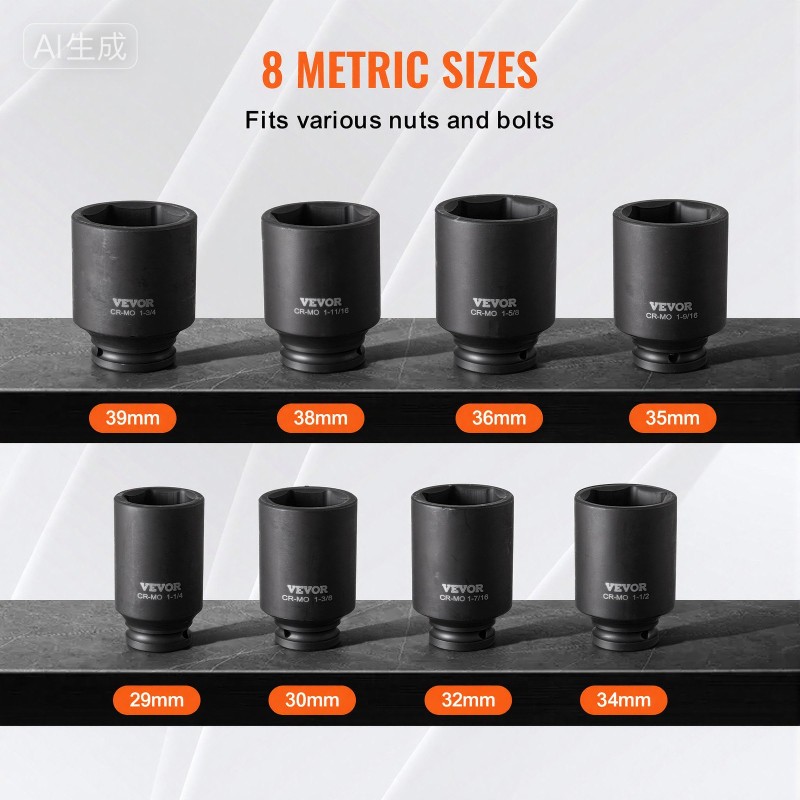 Iskuhylsysarja CR-MO-teräs 8-osainen 29–39 mm 12,7 mm vetokoko ajoneuvoille