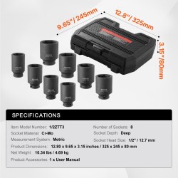 Iskuhylsysarja CR-MO-teräs 8-osainen 29–39 mm 12,7 mm vetokoko ajoneuvoille