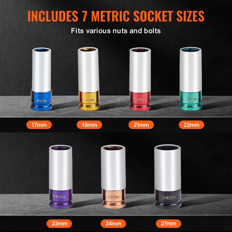 Iskevä pyöränmutterihylsysarja CR-MO-teräs 1/2-tuumainen 7 hylsyä 17–27 mm